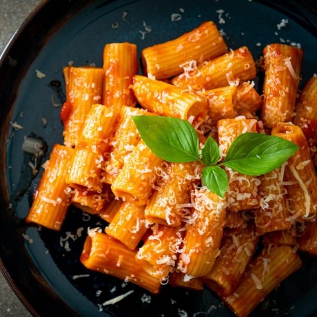 Rigatoni with Meat Sauce and Melted Cheese or Marinara.