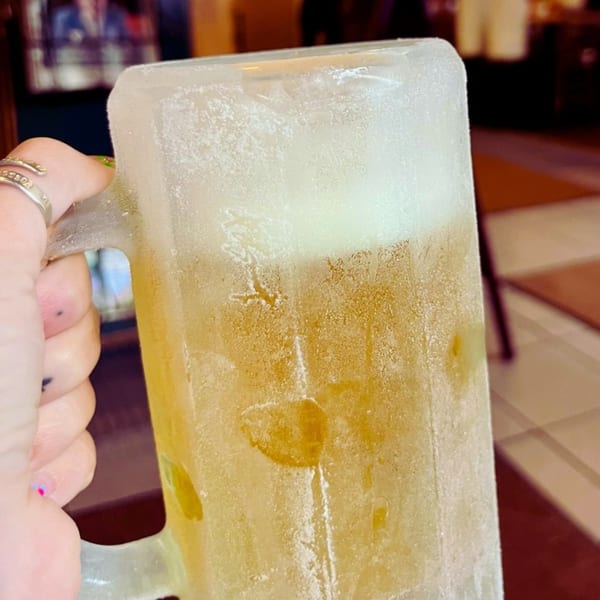 A hand holds a frosty mug filled with a golden beer and a foamy head.